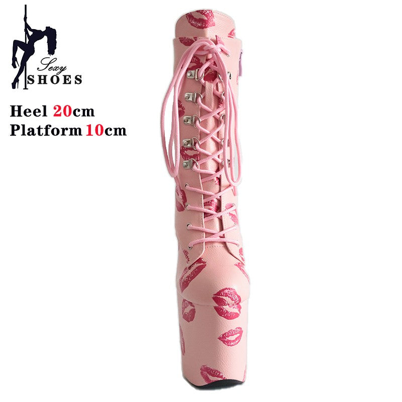 17cm 20cm Sexy Women Ankle Boots Zip Up Platform Red lip Print Block High Heels Peep Toe Short Boots Ladies Girls Party Shoes