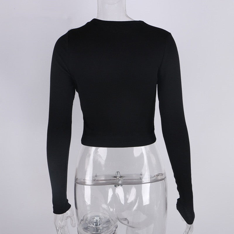 O Neck Long Sleeve Shirt Women Ribbed Sexy Cropped Tops 2024 Spring Black Casual Skinny Slim Basic Woman T Shirts White
