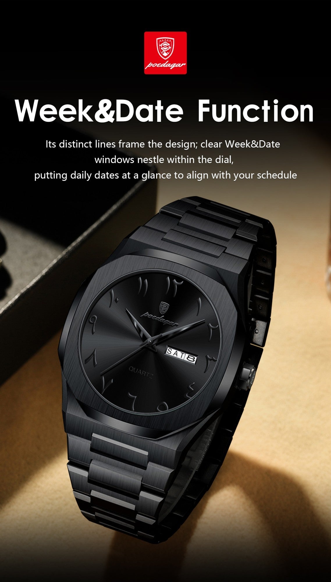 POEDAGAR Fashion High Quality Men Clock Date Week Waterproof Watch For Man Quartz Stainless Steel Luxury Men's Watches Reloj+Box
