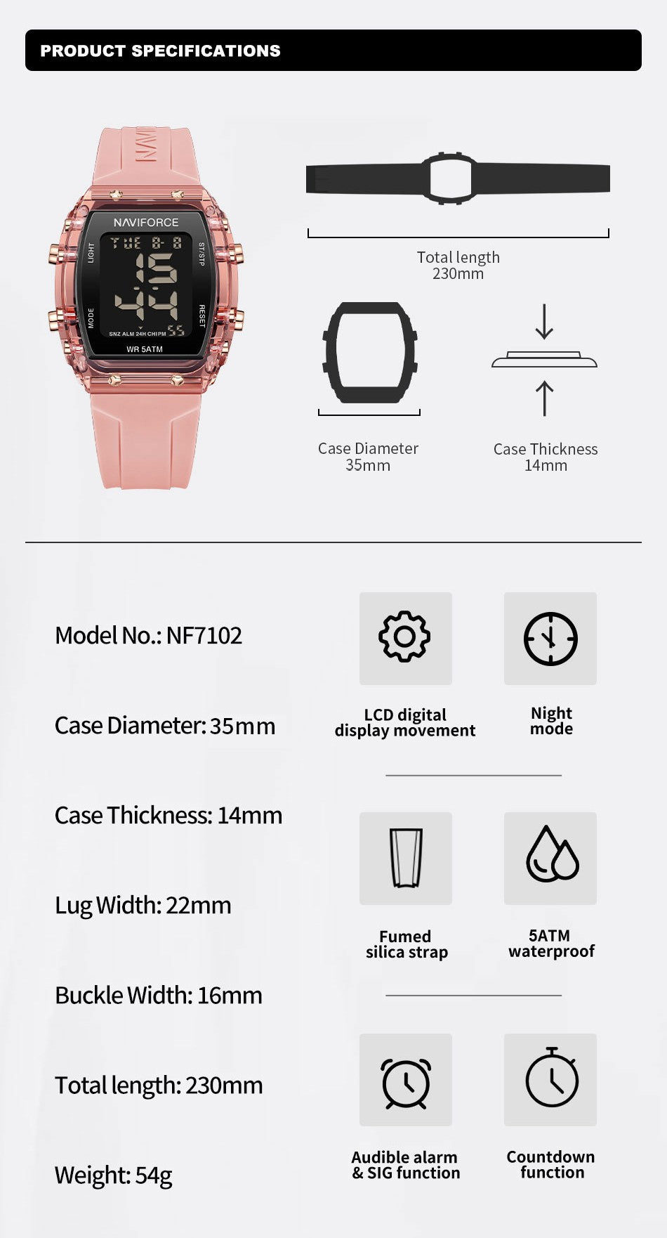 NAVIFORCE Watches for Woman LCD Digital Movement Female Clock Fashion 50m Waterproof Silicone Band Sport Electronic Wristwatches
