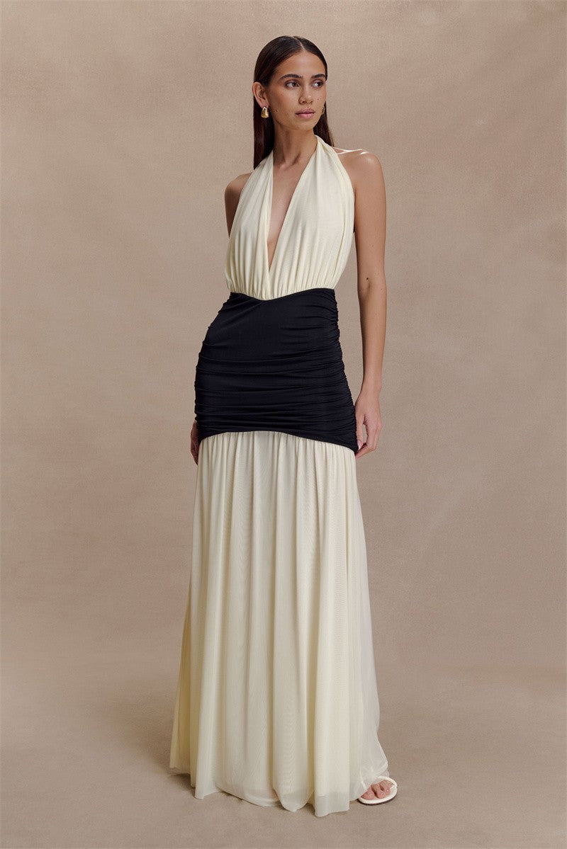 Mozision Patchwork Halter Backless Sexy Maxi Dress Women Gown Elegant Deep V Neck Sleeveless High Waist Bodycon Club Party Dress