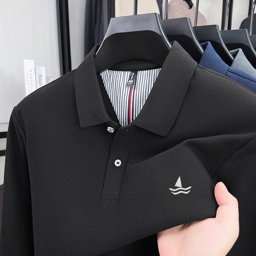 100% pure cotton spring and autumn fashionable men's collar striped long sleeved polo shirt brand sailboat embossed design casua