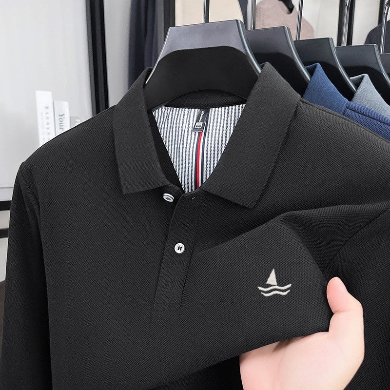 100% pure cotton spring and autumn fashionable men's collar striped long sleeved polo shirt brand sailboat embossed design casua