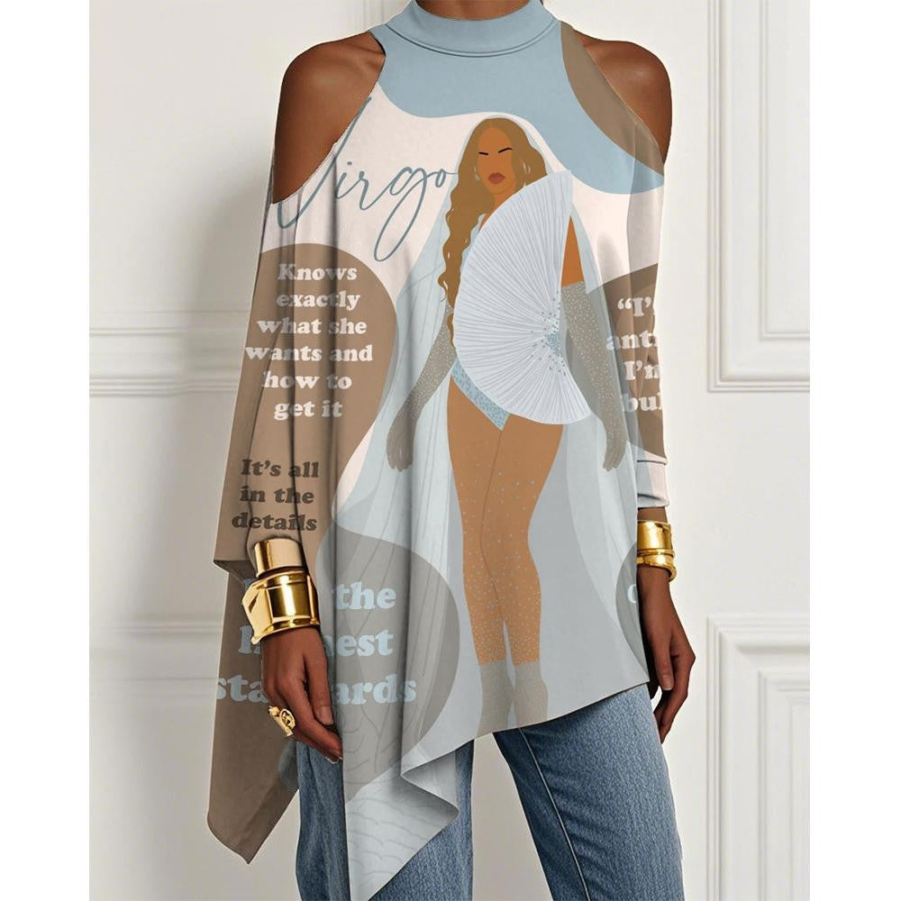 European And American Trendy Printed Off-the-shoulder Skirt Irregular Hem Design Dress Fashionable Loose Long-sleeved T-shirt