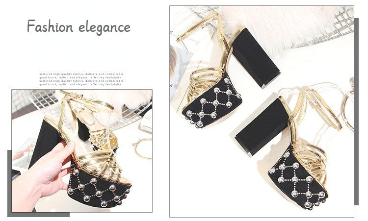 Luxury Brand Women's Summer Fashion Metal Platform Sandals Large 34-42 Super High Heel Thick Bottom Rivet Party Women's Shoes