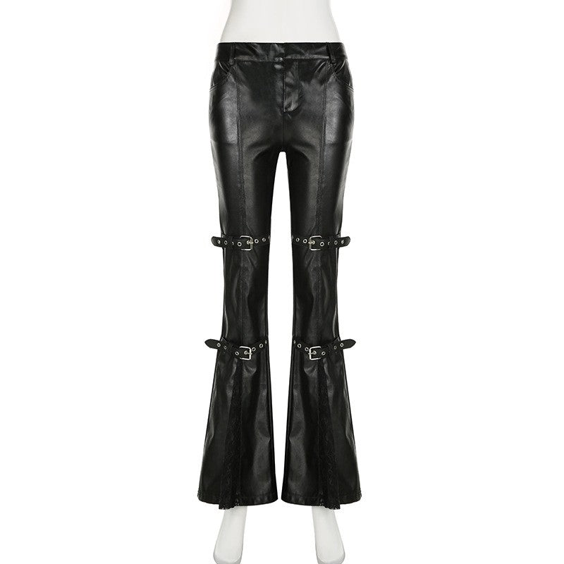 PU Leather Flare Pant Goth Buckle Lace Patchwork Pants Women Fashion Y2K Streetwear Vintage Aesthetics Casual Pants Trousers