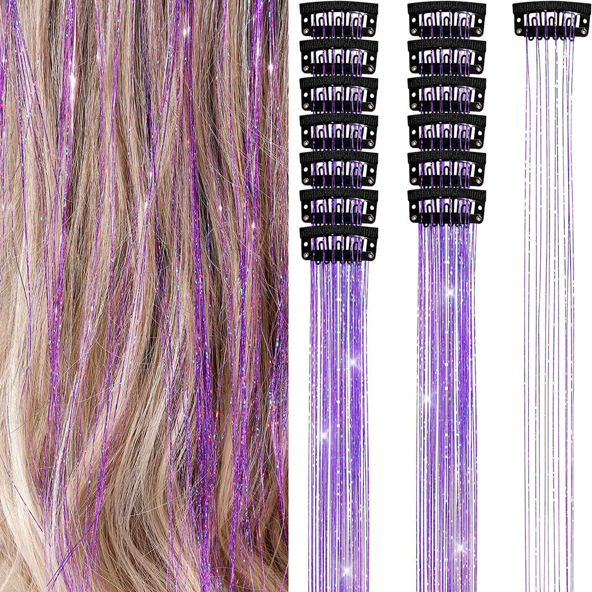6Pcs 50cm Sparking Shiny Hair Tinsel Hair Extensions Tinsel Synthetic Hair Clip Extensions Women for Braiding Headdress