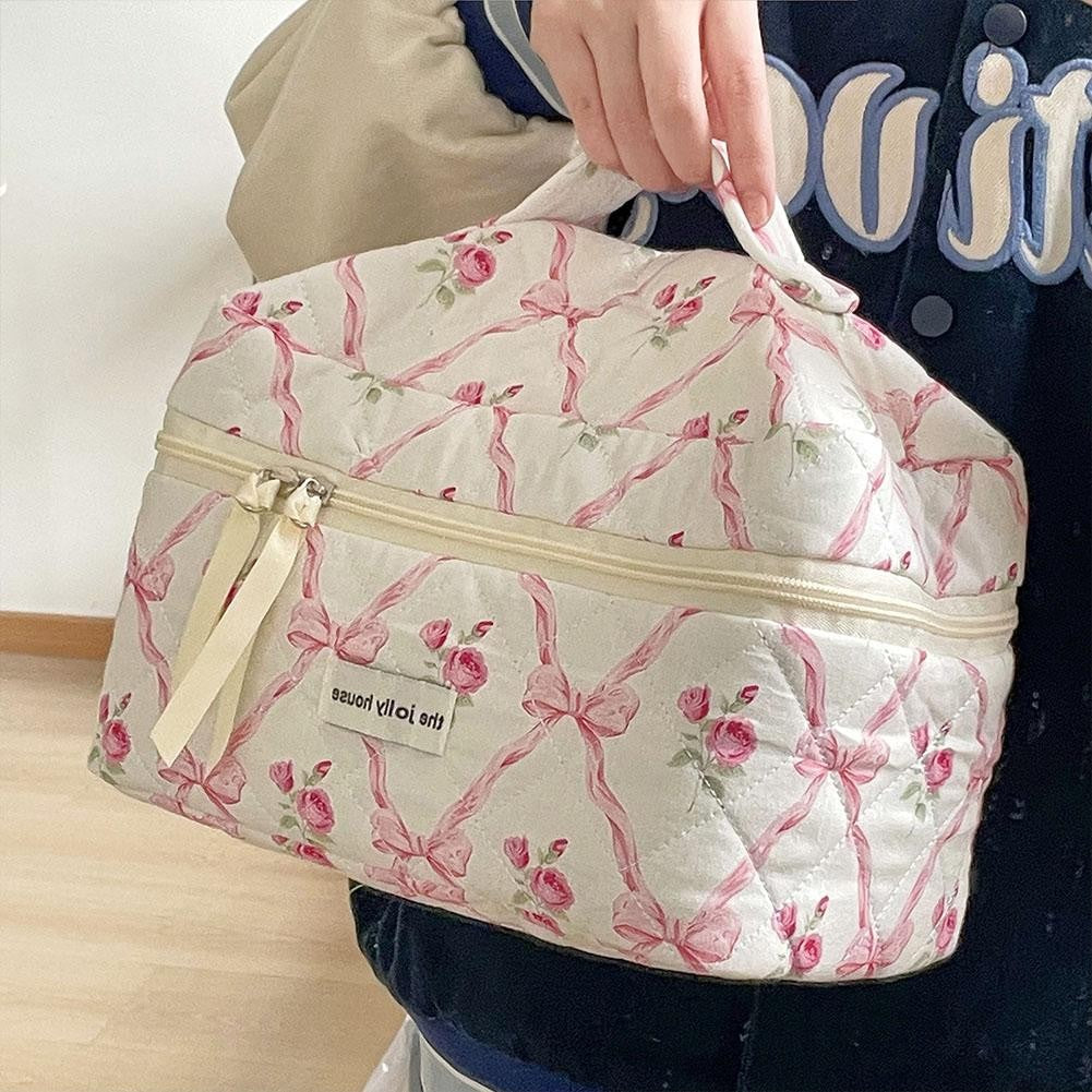 Cute Bow Flower Cloth Handbag Quilting Cotton Makeup Bag Women Zipper Cosmetic Organizer Portable Toiletry Case for Girls
