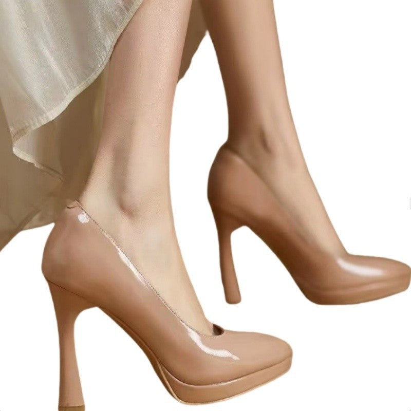 Spring and Autumn New Style Waterproof Platform Slip-on Shoes, Fashionable Banquet Work Shoes, Pointed Toe Thin Heels
