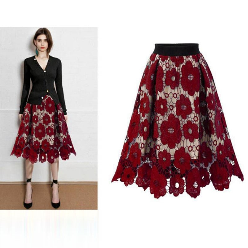 Summer Boho Lace Skirts Women Vintage Mesh Hollow Out Plus Size Skirt Elastic Waist Elegant A-Line Midi Saias Black Red Green