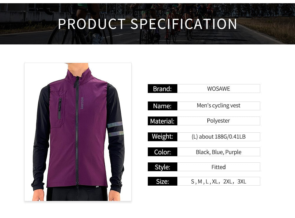 WOSAWE Mens Cycling Windproof Jacket Ultralight Windbreaker MTB Road Bike Vest Water Resistant Long Jersey with 2 way YKK zipper