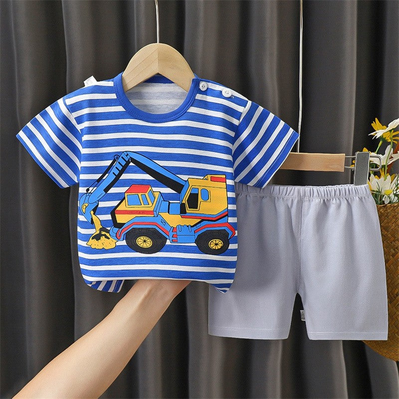 Cotton Pajama Cartoon T-Shirt+Shorts 2-Piece Clothing Set Kids Summer Baby Boys Girls Stripe Casual Tracksuit Clothes Suit 0-6 Y