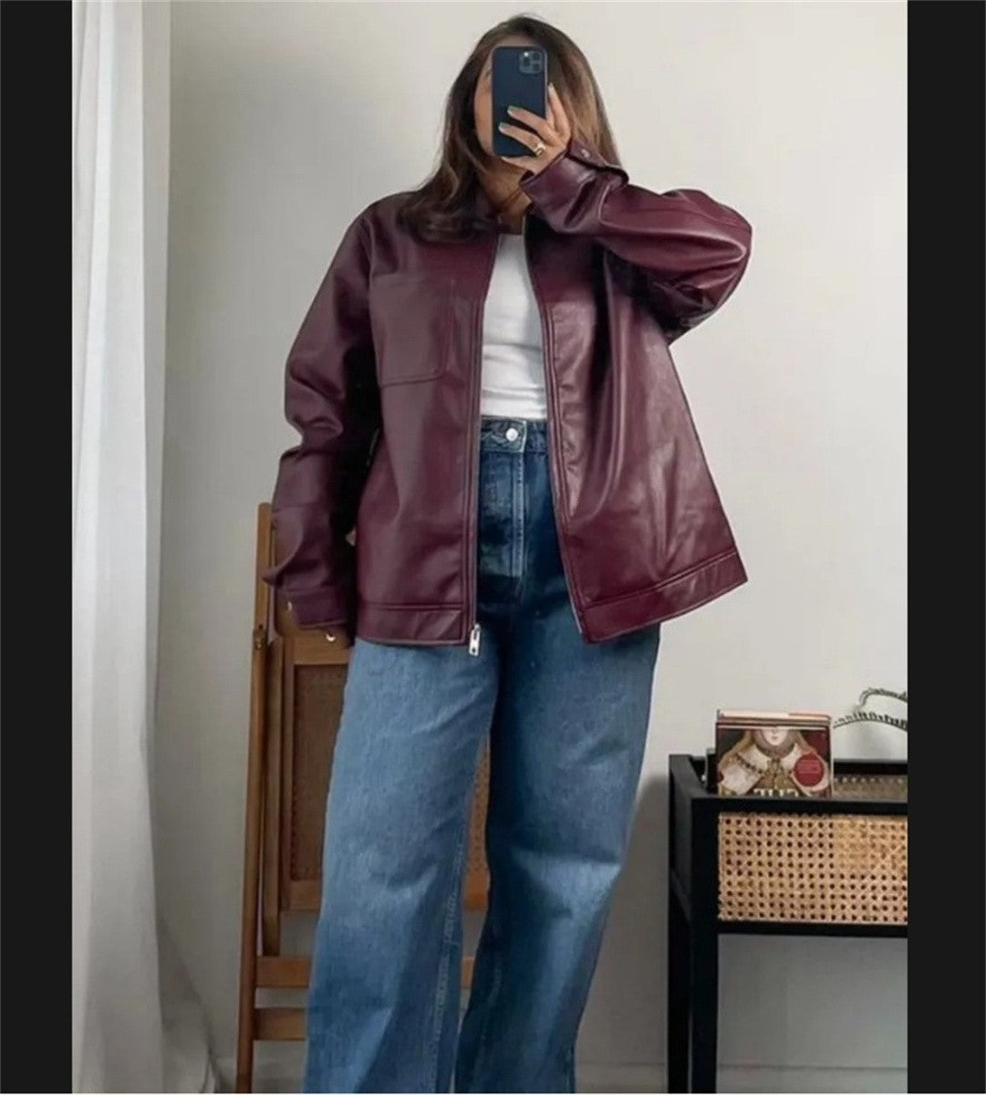 Women Vintage Wine Red Faux Leather Jakcet Fashion Outerwear Zipper Lapel Pu Coats Autumn Winter Streetwear Ladies Short Tops