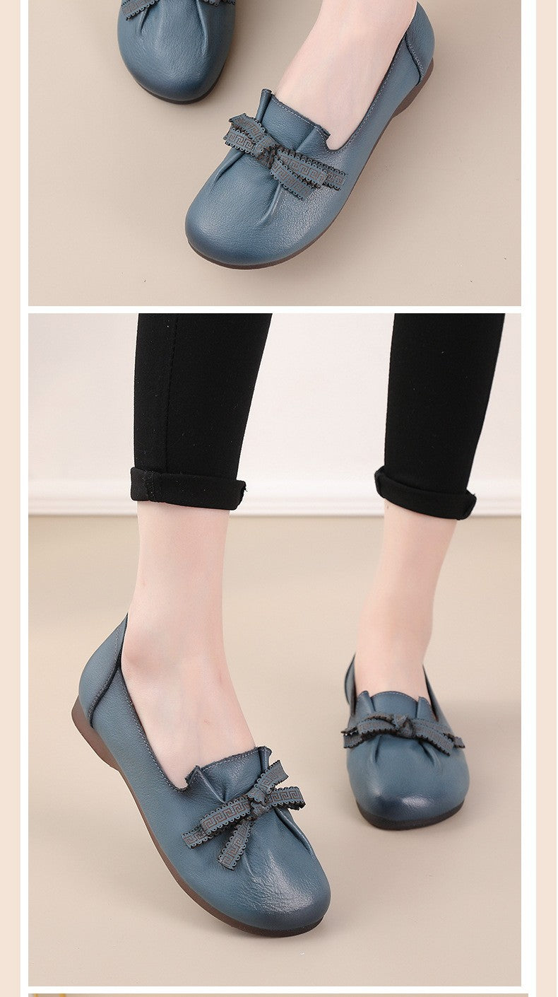 Vintage Plain Oxfords Shoes Women's Genuine Leather Flats Ladies Laced Up Moccasins Elderly Woman Square Toe Driving Loaferss