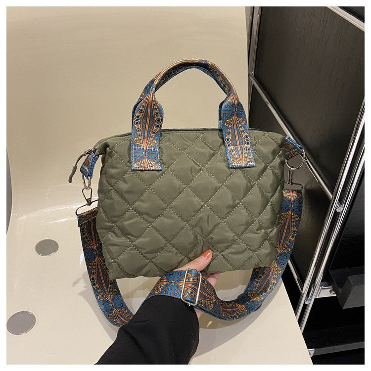 Women Wide Shoulder Belt Handbag Fall/Winter Rhombus Space Cotton Shoulder Bag Large Capacity All-Match Shopping Tote Bag