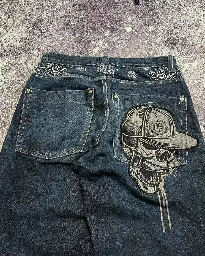 Y2K American New Trend Hip-hop Gothic Embroidered Jeans Men's Street Harajuku Leisure Loose Straight Wide-leg Pants Unisex Jeans