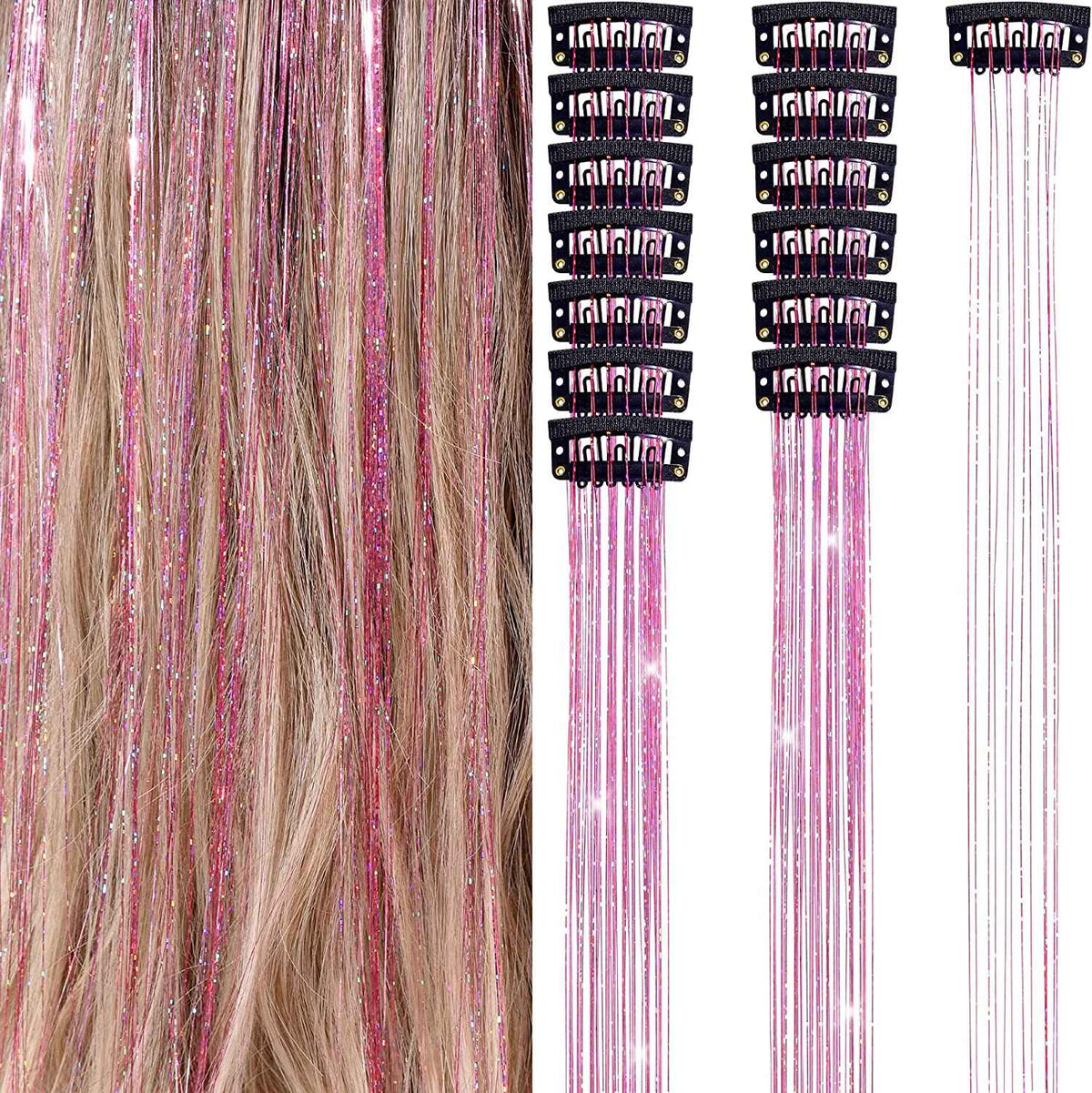 6Pcs 50cm Sparking Shiny Hair Tinsel Hair Extensions Tinsel Synthetic Hair Clip Extensions Women for Braiding Headdress