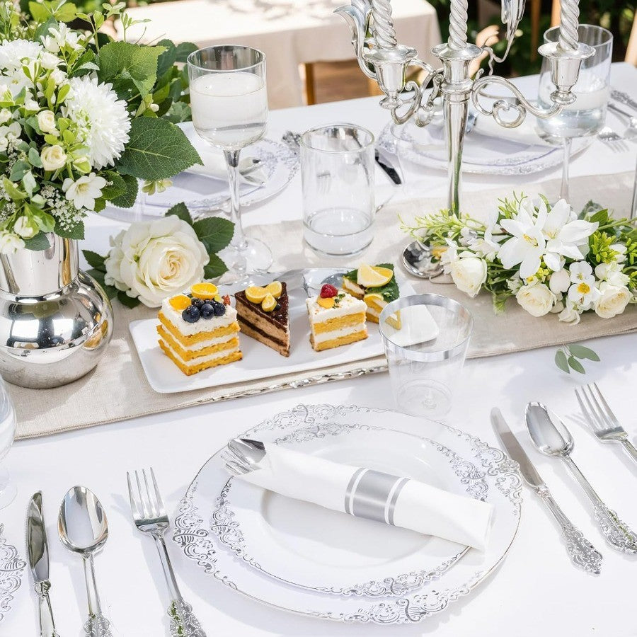 350PCS Silver Plastic Plates and PreRolled Napkins for 50 Guests Disposable Dinnerware Set with 100 Silver Disposable Plates 15