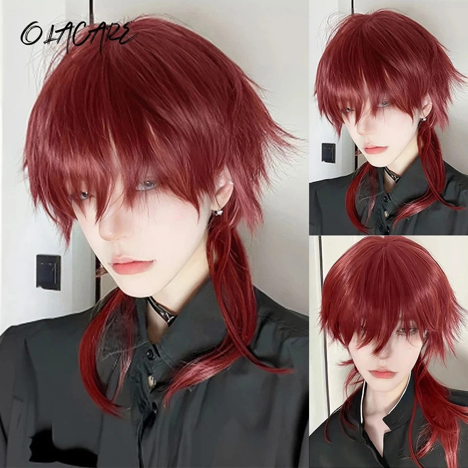 OLACARE Short Mullet Head Wigs with Bangs Synthetic Straight Anime Men Black White Gray Green Hair Wig for Daily Party Cosplay