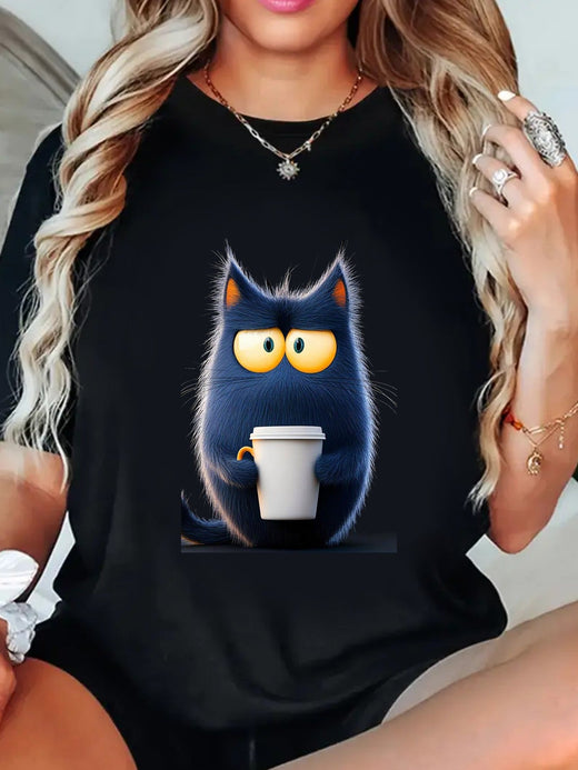 Coffee drinking blue cat print T-shirt, pure cotton material, wearing a cute and playful image