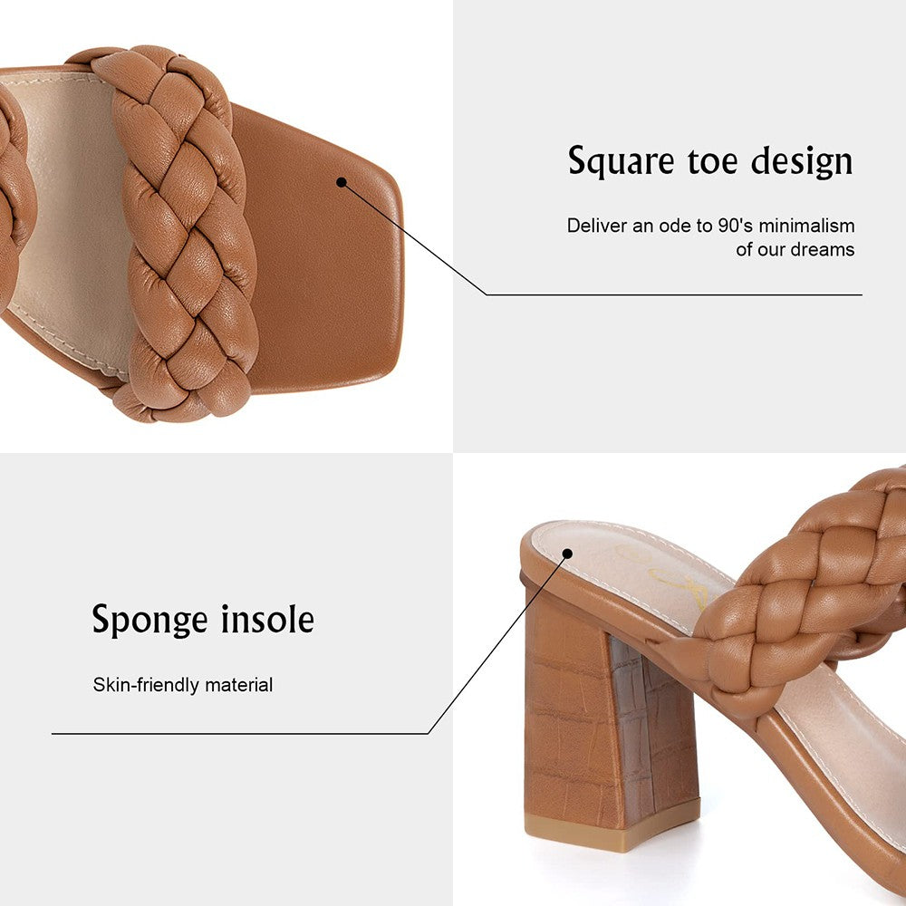 Elegant Women's Braided Heels Sandalias Fashion Strappy Square Sandals Open Toe Backless Mules Slip On Block Heeled Shoes