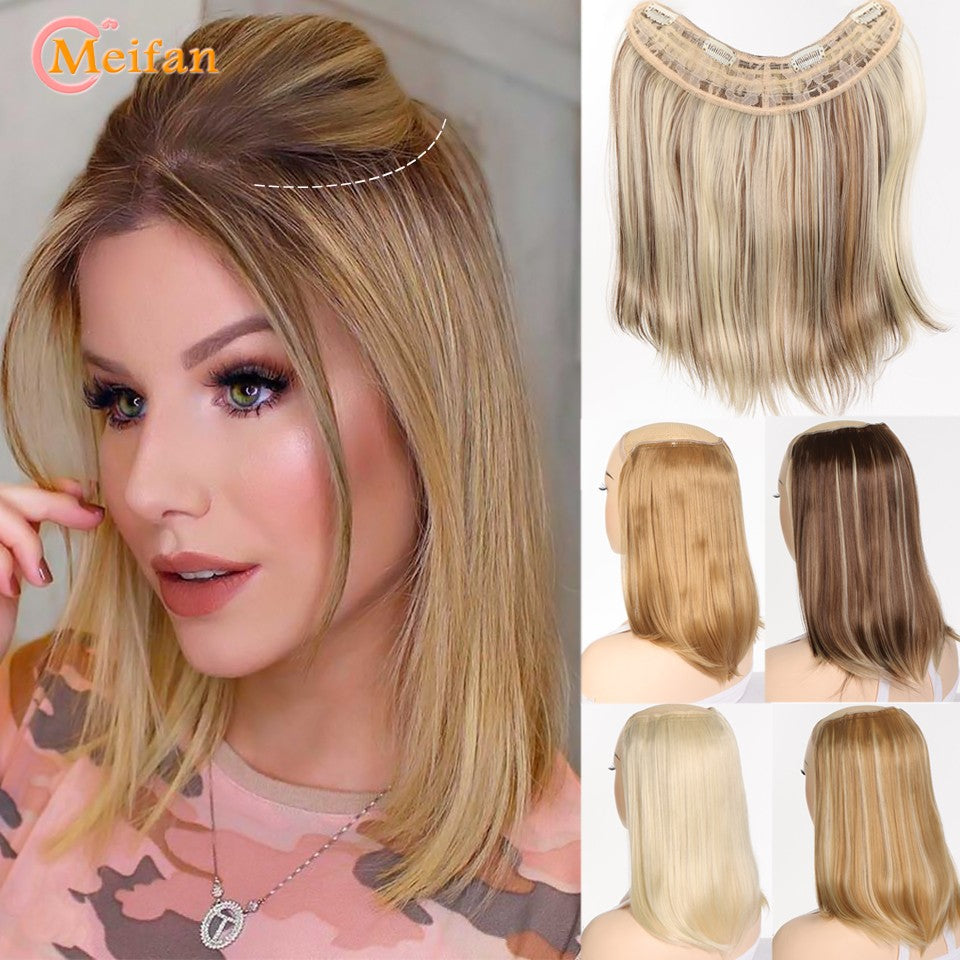 MEIFAN Synthetic Long Straight U-Shaped Half Head Wig for Women Black Brown Clips in Hair Extension Natural Fake Hairpieces