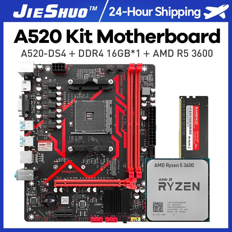 JIESHUO A520M Motherboard CPU Set AM4 Ryzen Kit with Processor Dual Channel DDR4 3200MHz Cooler Support M.2 NVME 4*SATA3.0 WIN11