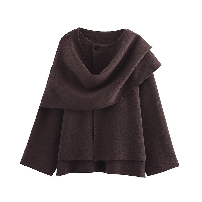 Elegant Coat Women Scarf Collar Long Sleeve Button Irregular Jackets European and American Style Streetwear Casual Outerwear