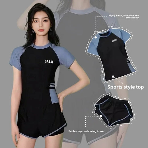 Sporty Two-Piece Swimsuit Short Sleeve plus Size Concealing Conservative Flat Footwear for Hot Springs Swimming Costume