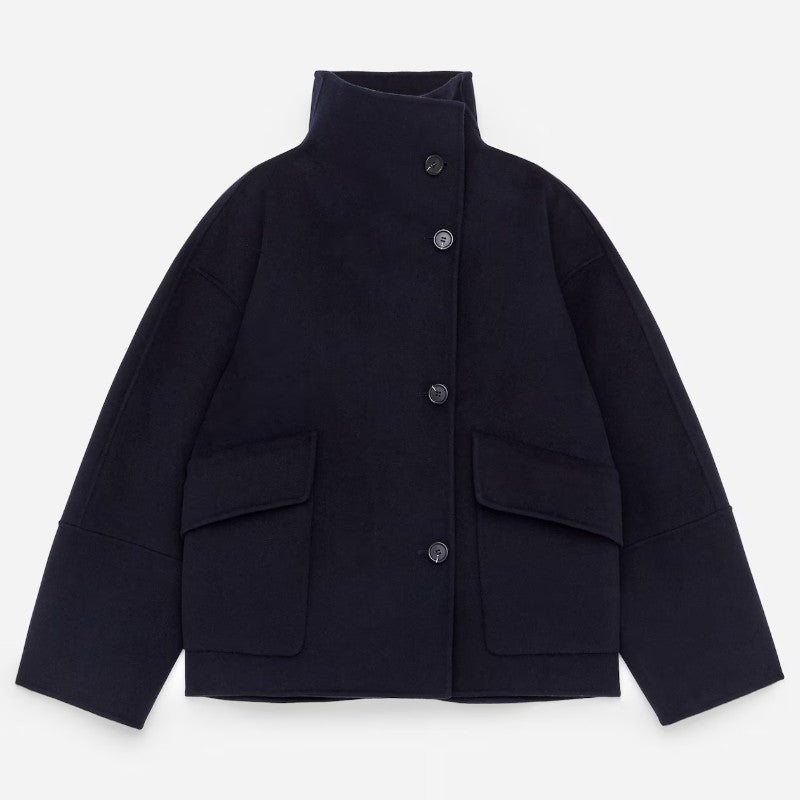 Elegant Stand Collar Woolen Jacket For Women Y2K Single Breasted Button Pockets Coat Lady 2025 Autumn Winter Street Chic Outwear