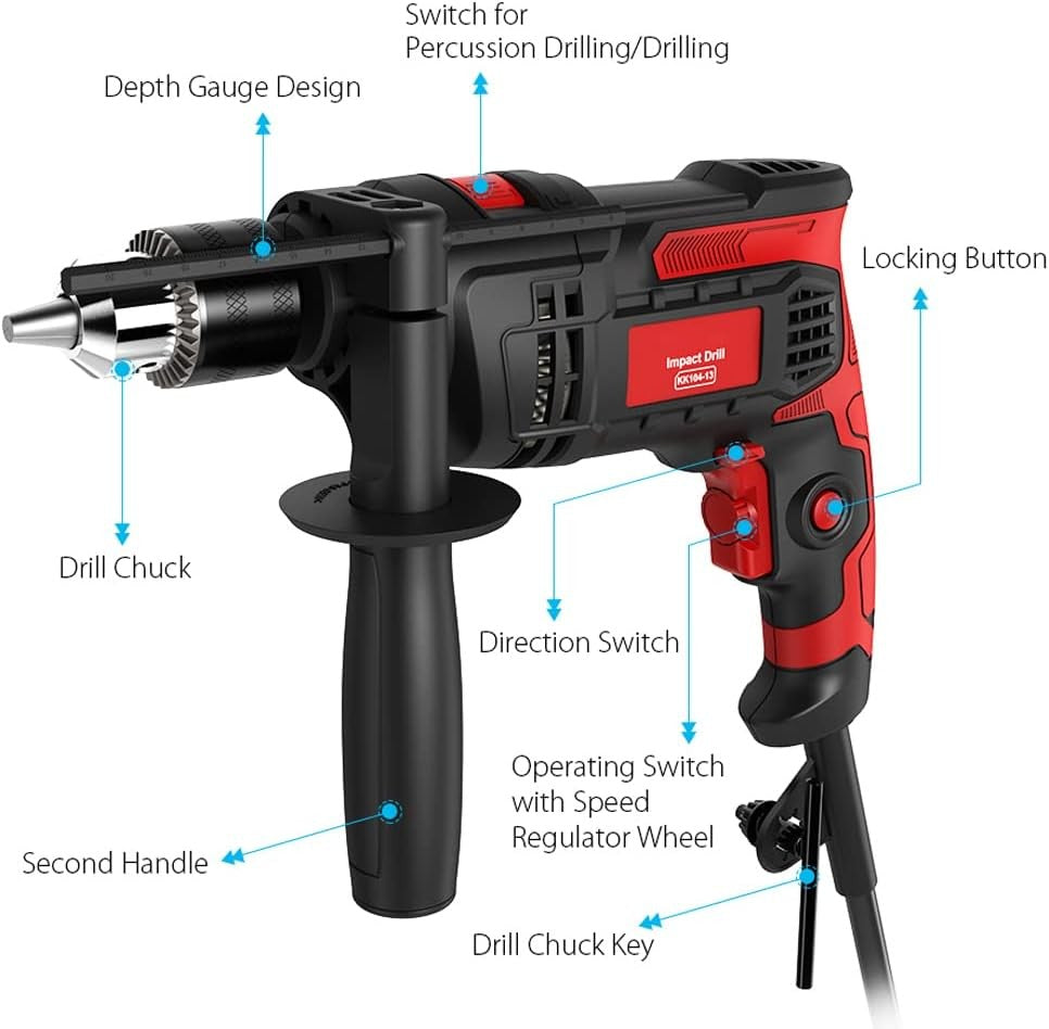 850W Hammer Drill with Variable Speed, Dual Function for Concrete and Wood Drilling