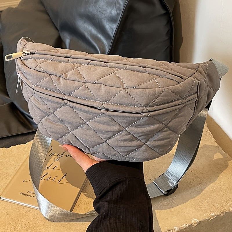 Quilted Patchwork Crossbody Bag - Large Nylon Purse, Multi-Pocket, Adjustable Strap. Grey Gift-Ready!