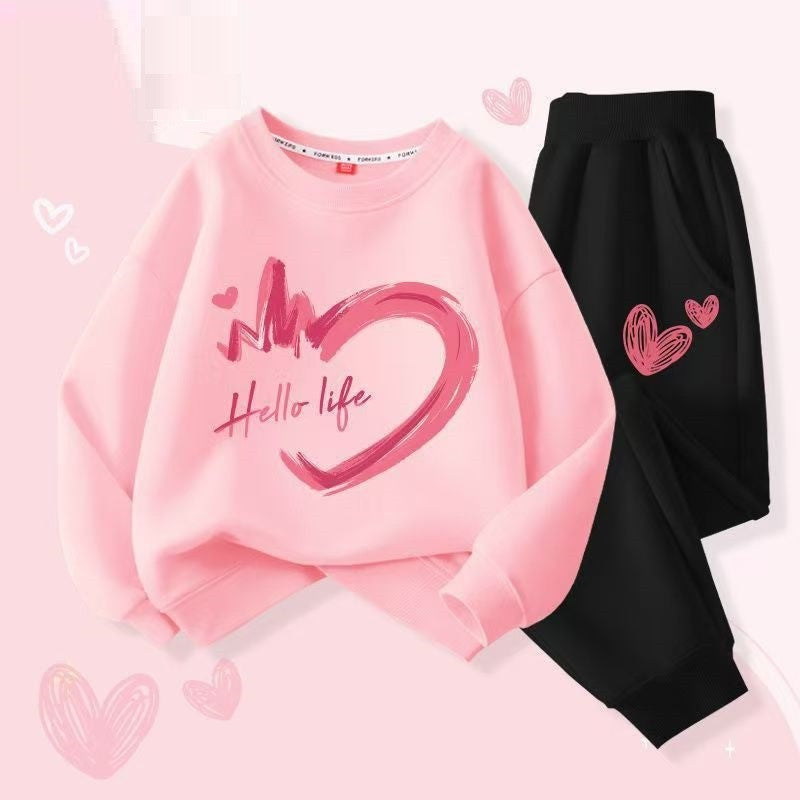 Autumn Baby Girls Clothes Set Kid Heart Printed Sweatshirts Pullover Top And Pants 2 Pieces Suit Children Sweet Tracksuits