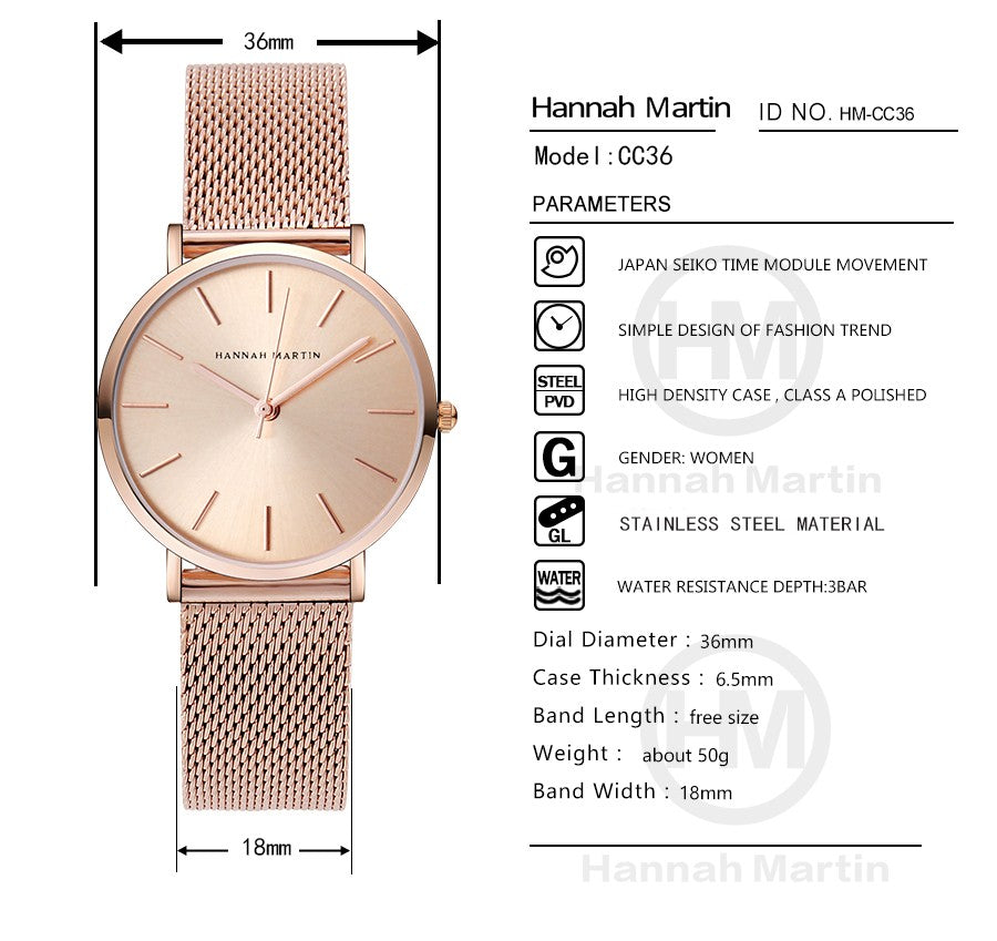 HANNAH MARTIN Brand Quality Stainless Steel Japan Quartz Movement Waterproof Women 36mm Full Rose Gold Ladies Dropshipping Watch