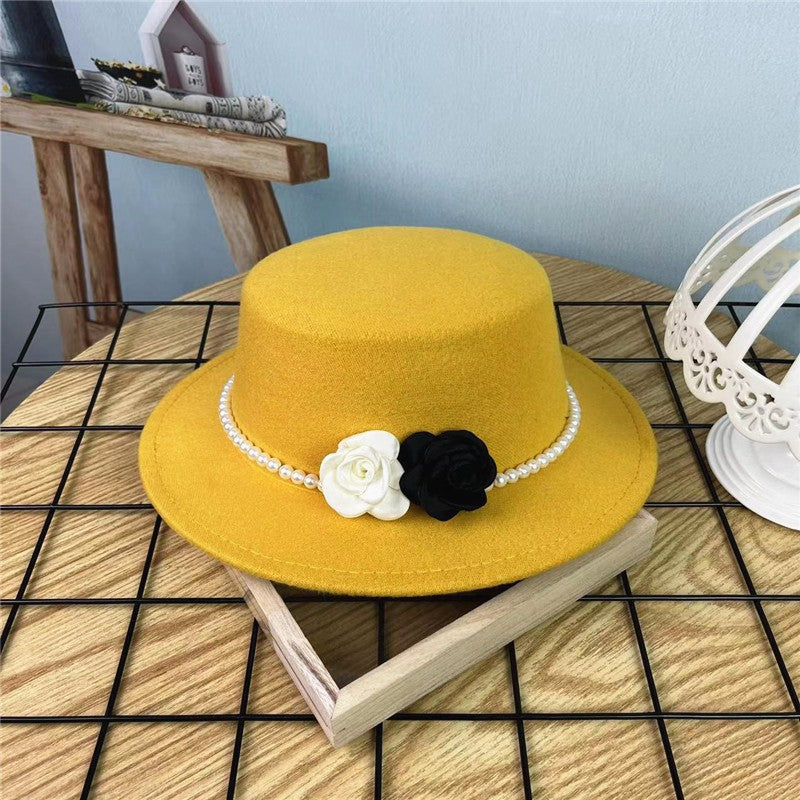 Women's Floral Chain Fedora High Fashion with Pearl Pins Bump Cap Black White Autumen Winter Ladies Fedoras Wide Brim Girl Hat