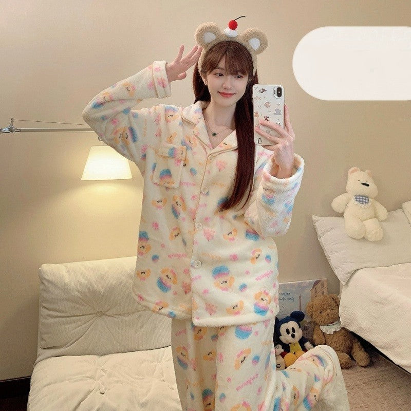 Winter Pajamas Lapel Neck Women's Pajamas Long Sleeve Kawaii Dog Warm Sleepwear Harajuku Style Cute Casual Pajamas Two-Piece