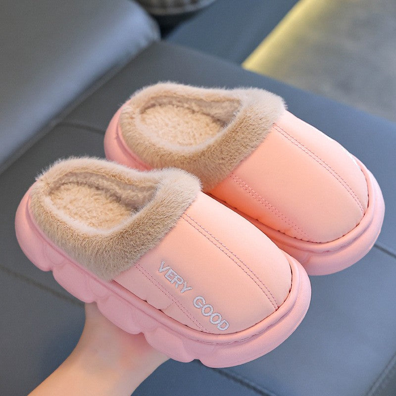 New Children's PU Leather Plush Slippers Soft Sole Non-slip Winter Warm Baby Boys Girls Indoor Home Cotton Shoes