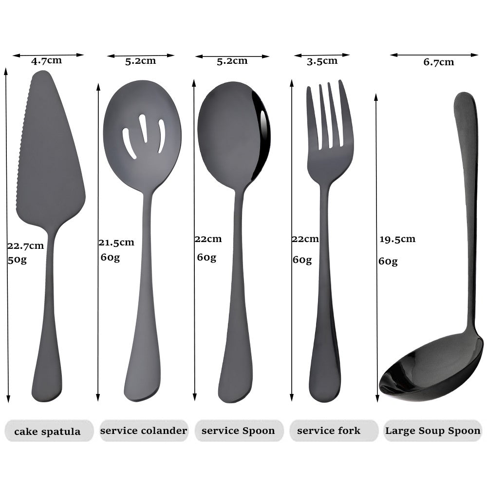 Drmfiy 5/7Pcs Black Cutlery Serving Utensils Dinnerware Set Buffet Catering Flatware Serving Colander Spoons Fork Silverware Set