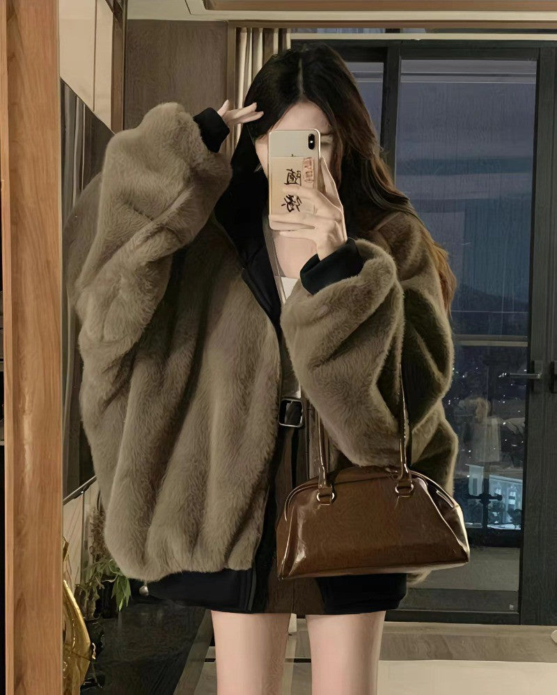 American Retro Reversible Velvet Zipper Hooded Jacket Women Winter Fashion Street Thick Loose Warm Harajuku Casual Plush Jacket