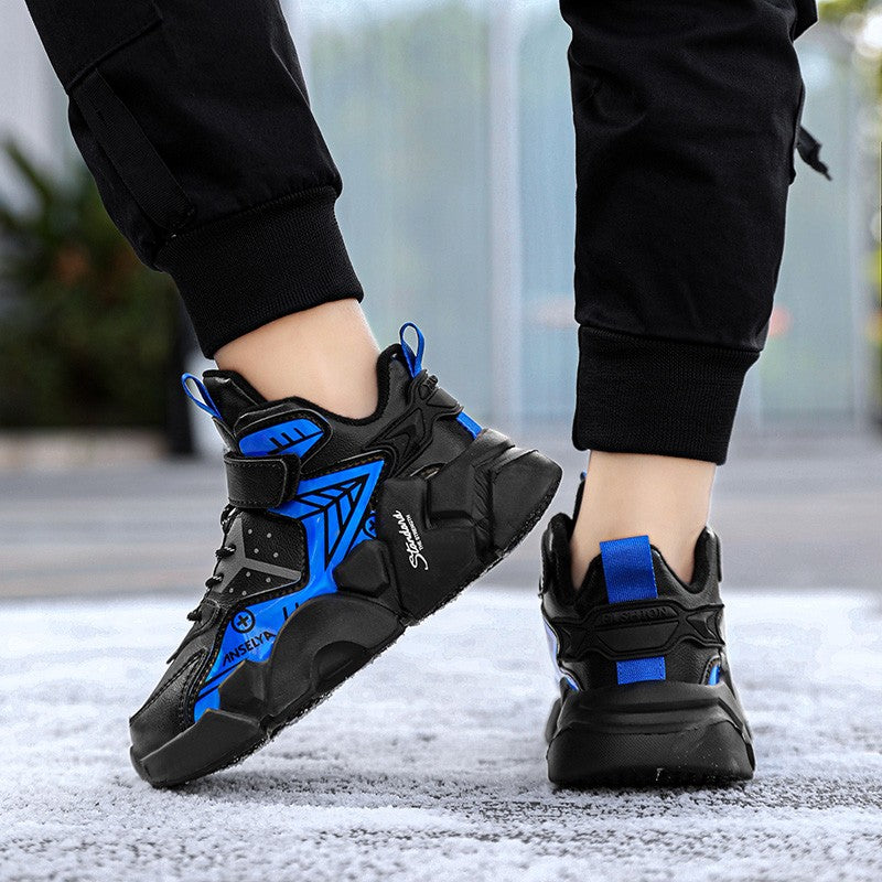 Winter Children's Fashion Sports Shoes Leather Boys' Running Sneakers Flat Casual Walking Shoes Warm Lightweight Outdoor Boots