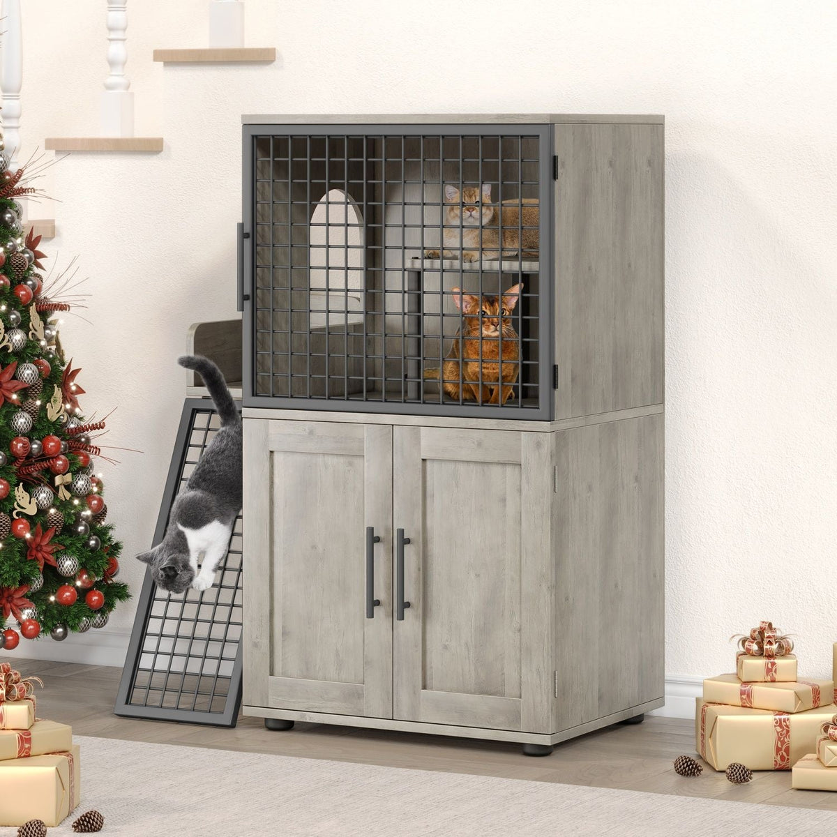 Cat Litter Box Enclosure with Platform,Double Layer Cat Litter Hidden Furniture,Cat Washroom Furniture,Cat House with Ladder