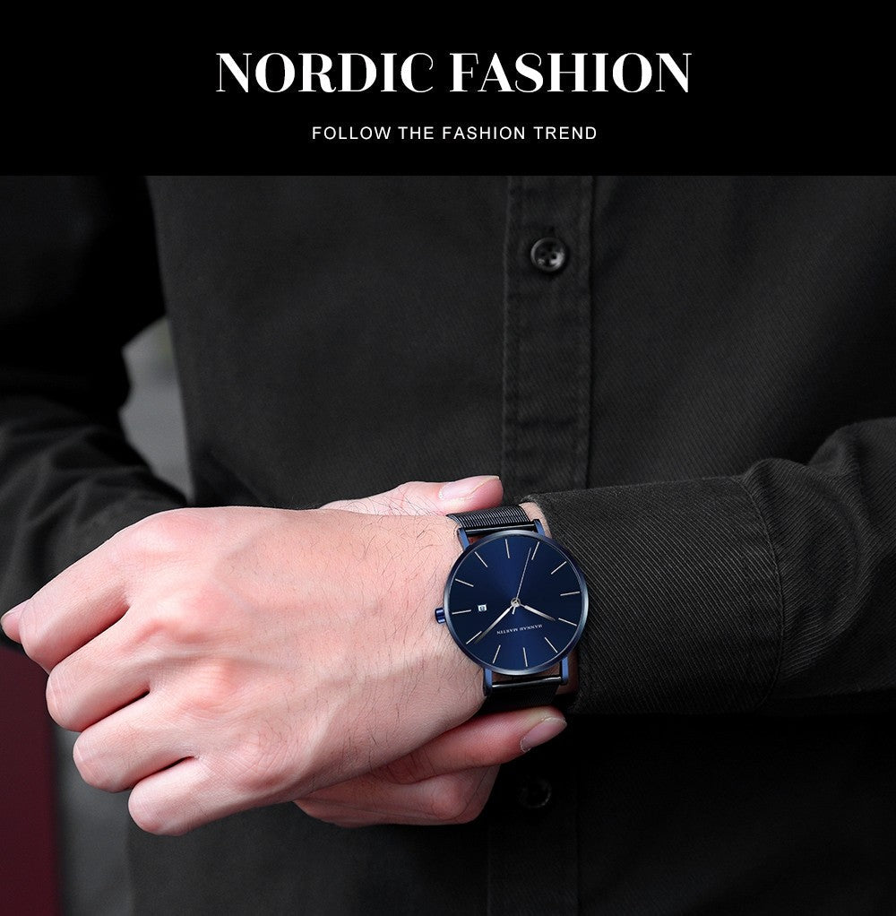Classic Bauhaus Design Men Watch Dark Blue Japan Quartz Waterproof Stainless Steel Fashion Business Calendar Ultra Thin Watches