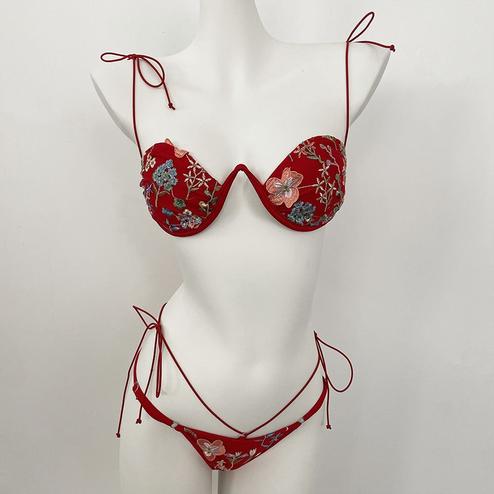 DEBAIOR 2025 Women Bikini Set Floral Embroidery Lingerie Set Women Sheer 2-Piece Boho Bra + Panty Underwear Set Intimates