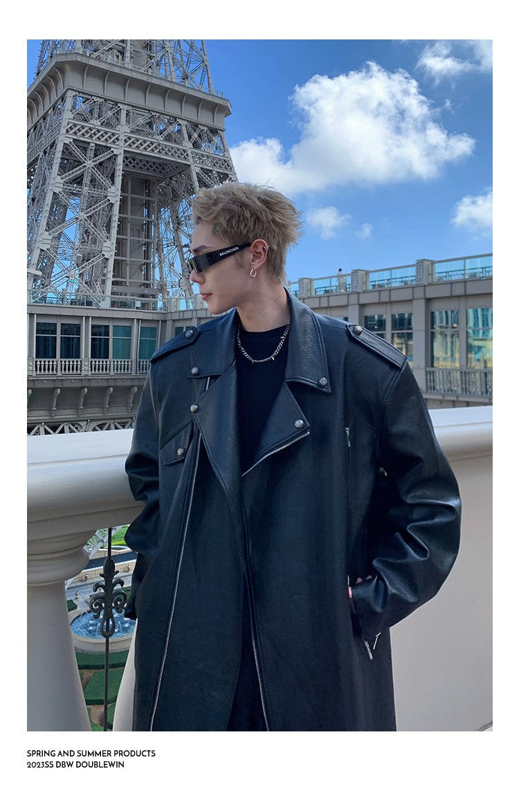 Mauroicardi Spring Autumn Oversized Cool Extra Long Black Pu Leather Trench Coat Men Zipper Loose Luxury European Fashion 2023