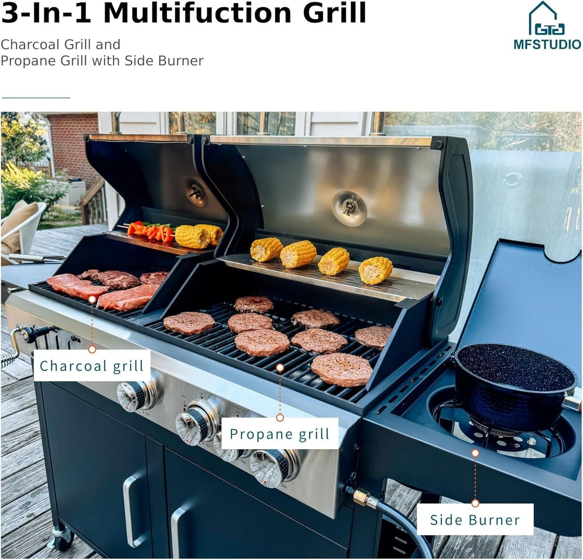 Gas and Charcoal Grill Combo with Side Burner, Porcelain-Enameled Cast Iron Grate, Extra Large Dual-Function