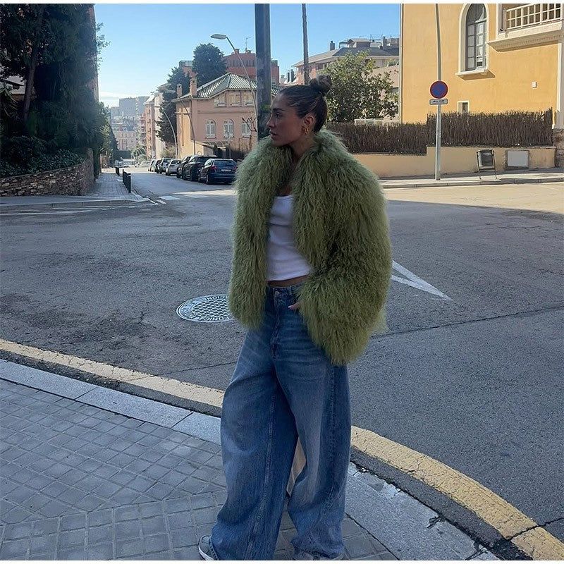 Fashion Solid Plush Faux Fur Coat Women Elegant Warm Long Sleeves Loose Jacket 2025 Lady Winter Chic High Street Outerwear ?