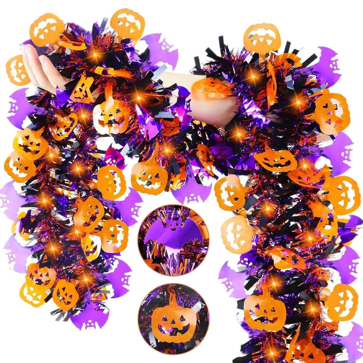 Halloween Tinsel Garland 2M Purple Tinsel Garland with Pumpkin Bat, Halloween Decoration for Indoor Outdoor Garden Party Porch