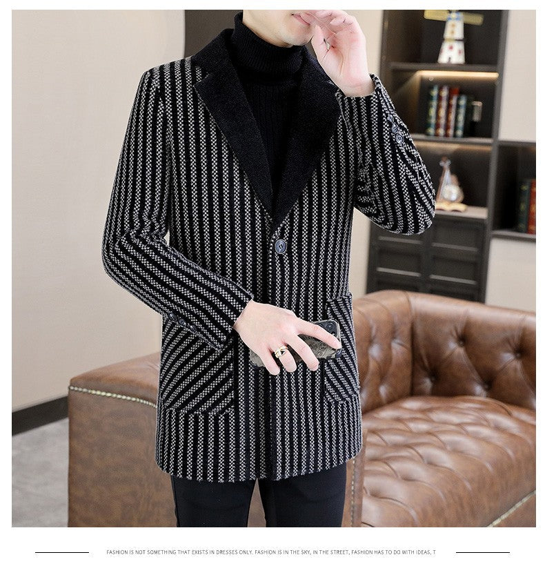 Classic Autumn Winter Men's Mid-Length Woolen Coats Casual Striped Overcoat Outwear Windbreaker Business Warm Long Jackets