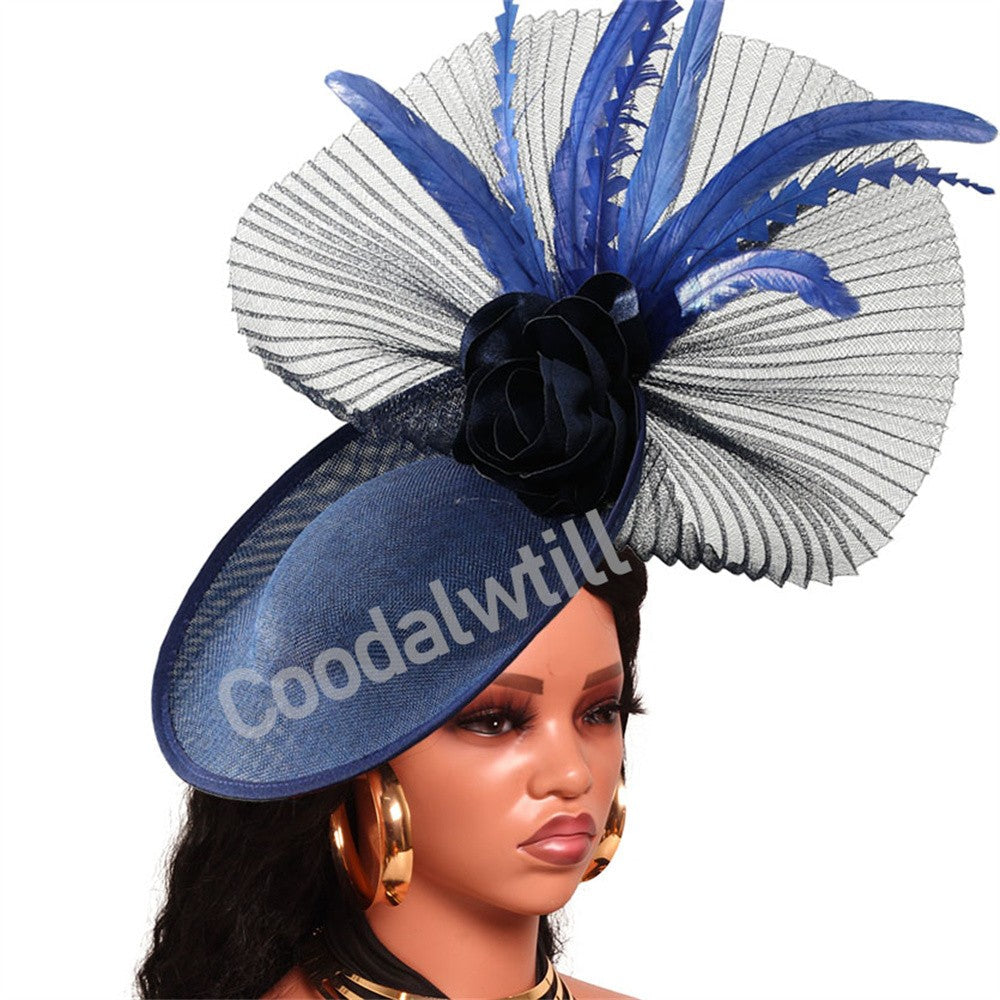 Navy Mesh Fascinator Wedding Women Hat Ladies Royal Ascot Headpiece For Festival Party Pillbox Cap Flower Headwear Church Event