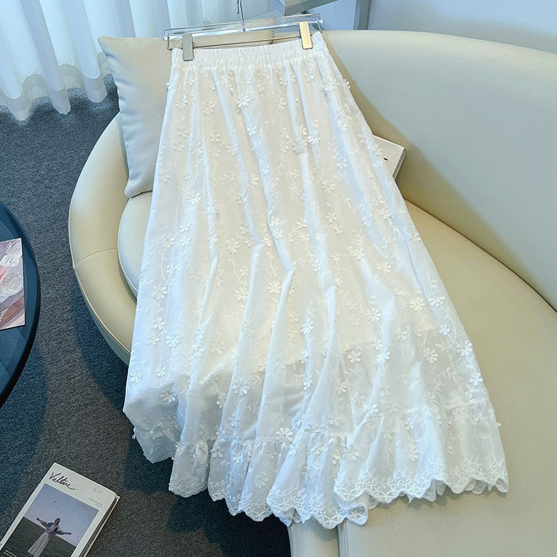 Casual sweet High Waist Chic floral lace Ruched loose Skirts Korean Fashion Office Lady Basics Plus Size Clothing